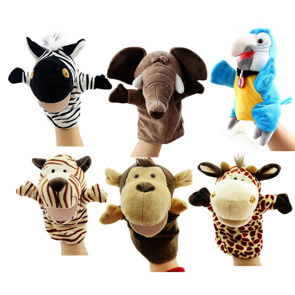 Handdockor, Set om 6 (elefant, tiger, papegoja, giraff, apa, zebra) [kk]