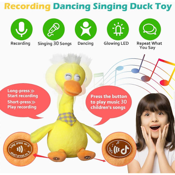 13\" Snakkende Dansende And, Gjentar Det Du Sier Etterligner Opptak Plysj Baby Leke Musikalsk Engelsk Sang Syngende Snakkende Lysende Animert[D]