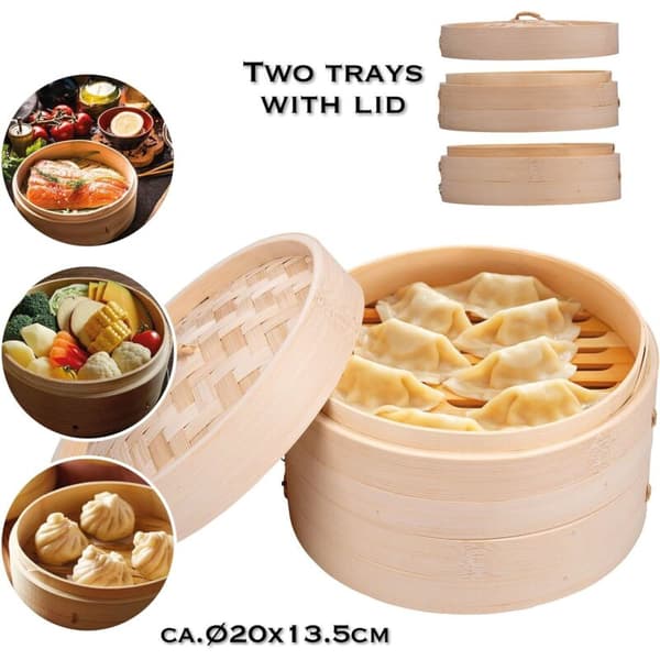 Bambuångkorg - 2-vånings ångkorg - 20 x 13,5 cm - 100% bambu - Ångar över en kastrull - Lämplig för dumplings, grönsaker, ris och mo