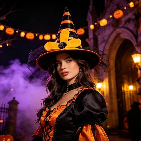 Stribet blomstret sort gaze heksehat, Halloween-dekoration heksehat til damer (D) Yellow