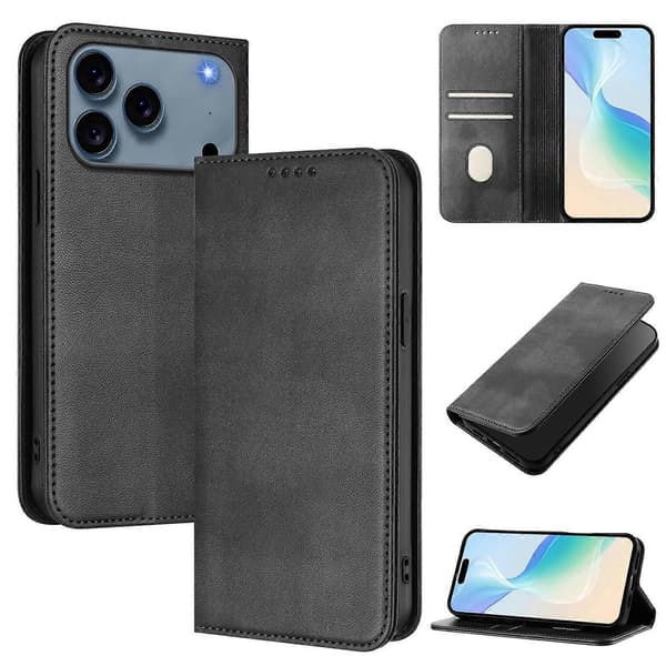 iPhone 17 Pro Max Læder Etui Retro Tekstureret RFID Blokerende Telefon Sleeve Sort[D] Black Black