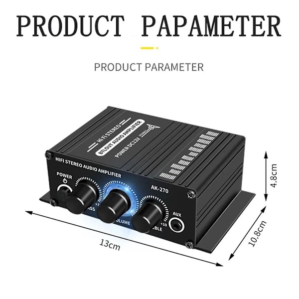 -270 HIFI-förstärkare 2.0-kanals Hemförstärkare Bas- & Diskantjustering Stereo Audio Hemmabio Ljudsystem DC12V EU-kontakt