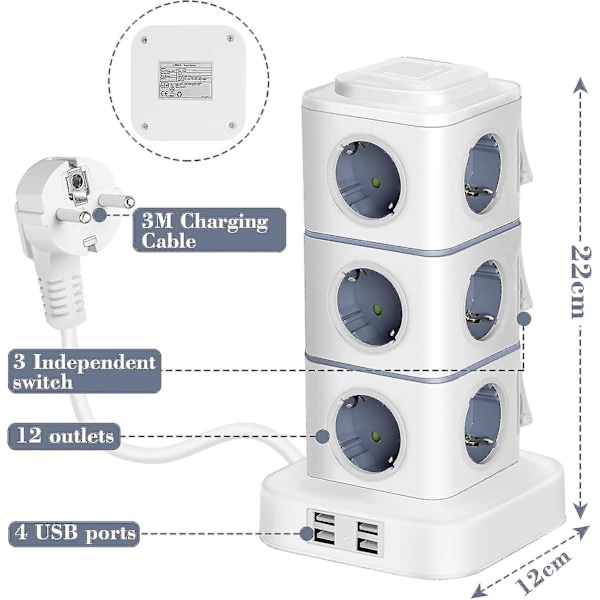 Pystysuuntainen jatkojohto, 12 pistorasiaa ja 4 USB-porttia, pystysuuntainen jatkojohto ylijännitesuojalla kotitoimistoon, 3 m jatkojohto (2500 W / 10 A)