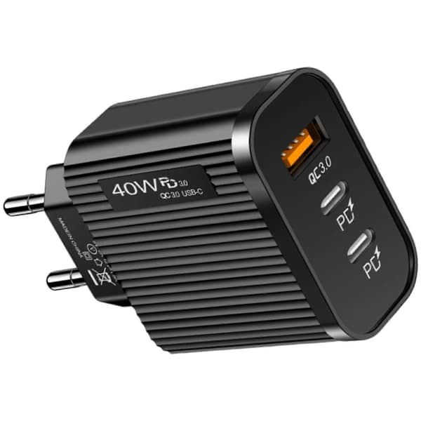 Reisepluggadapter for telefon Dobbel PD & USB-port Hurtigladeblokk 3-port EU-plugg Type C USB Hurtiglader Hvit[D] Black