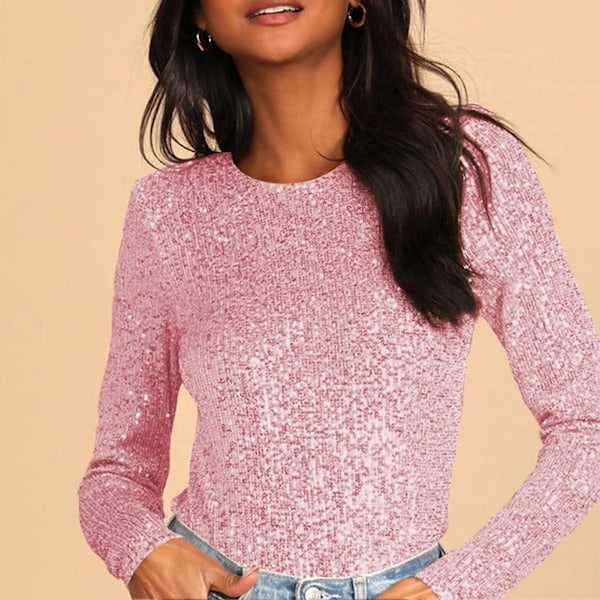 Dame Rund Hals Paillet Jumpsuit Rygløs Ensfarvet Langærmet Bodysuit Moderigtig Jumpsuit Pink L