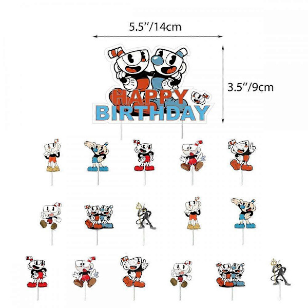 Cuphead-teemaiset juhlakoristeet sisältävät Hyvää syntymäpäivää -bannerin, lateksipallot, kakunkoristeen [D]