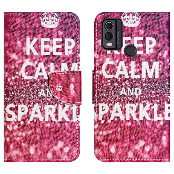 Plånboksfodral i läder för Nokia C32/C22, Korstexturerat mönstertryck på telefonfodral Keep Calm and Sparkle