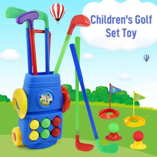 Golfsæt legetøj til børn - Komplet golfsæt til 3-6 årige, justerbar trækvogn, 4 køller, 6 bolde, minigolfspil, perfekt [D]