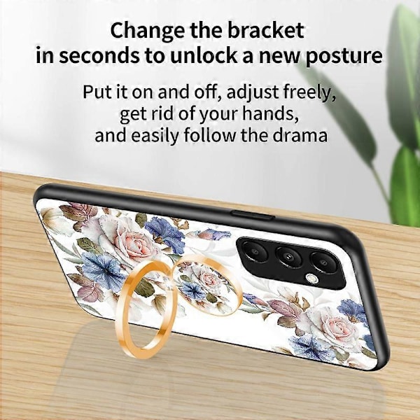 För Samsung Galaxy A35 5G Härdat Glas Skal Ring Ställ Mobilskal [D] Multicolor Gardenias