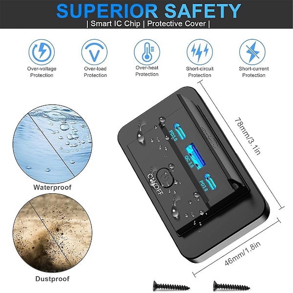 2 stk. 3 Ports 12V RV USB Udtag 90W, Dobbelt PD3.0 Type-C Hurtigopladning 72W & USB QC3.0 18W Panelvægmontering Black