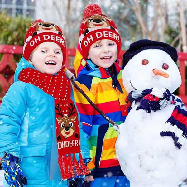 Hatt og skjerfsett med LED-lys, julehatt, snøfnugg, julenisse, elg, juletre, festlig frynser, skjerf og lue