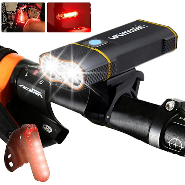 Vedenkestävä etupyörän valo USB ladattava polkupyörän lamppu 4 tilaa etuohjaustangon pyöräilyvalo punaisella varoitusvalolla[D] With USB Taillight China