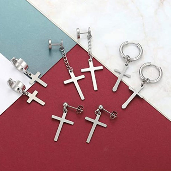 10 Set Cross Hängande Örhängen Lång Kedja Coola Titanstål Scharnierörhängen För Män Silver