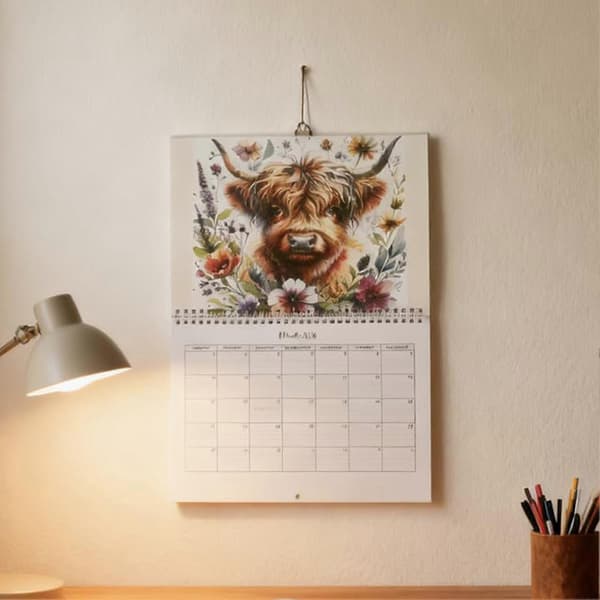 2027 Highland Cattle Mønster Årskalender Gårdsplanlegger for Hjemmekontorstudie (D)