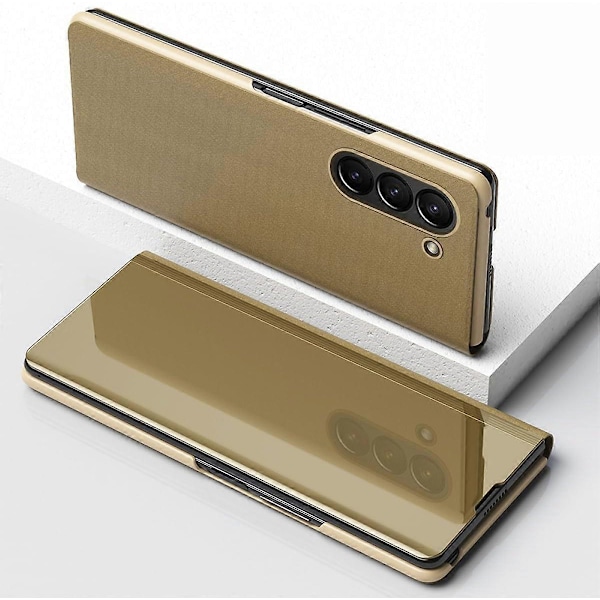 Fodral för Samsung Galaxy Z Fold 6, Lyxigt Spegelutseende Klar Glitter Läder Flip Fodral med Stativ för Samsung Galaxy Z Fold 6 Gold For Galaxy Z Fold 6