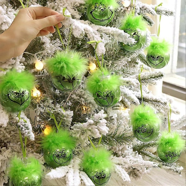12-pack Grinch-kulor för julgran - Gröna tomtar med fluffigt hår