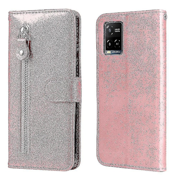 Plånboksfodral för Vivo Y21/ Vivo Y21s, premium PU-läder med magnetiskt stängning, kortfack, stativ, blixtlåsfack, mjuk TPU-flipcover - Rosa