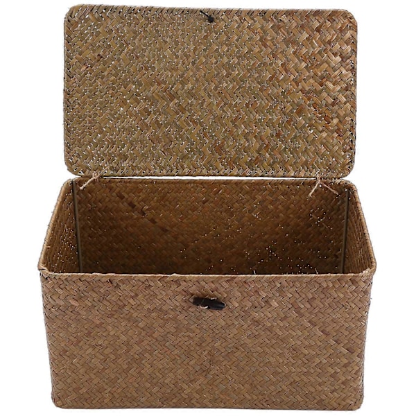 Håndlavet Stråvævet Opbevaringskurv med Låg Organizer Opbevaringsboks Søgræs Vasketøjskurve Rattan Photo Color