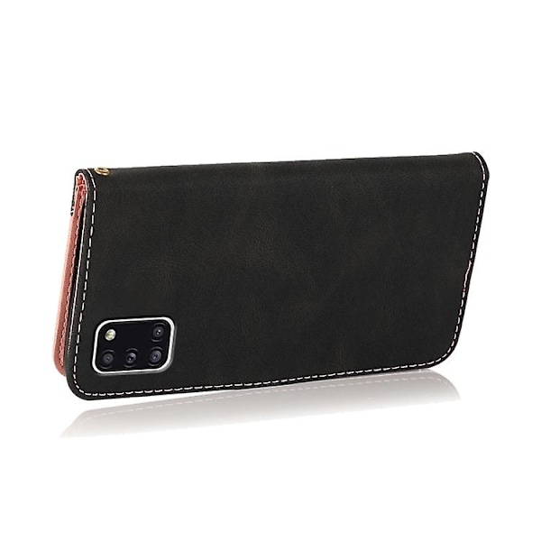 Til Samsung Galaxy A31 To-farvet Syet Læder Telefonetui Black Rose Gold
