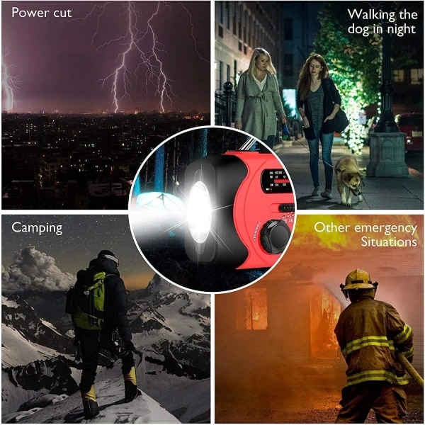 Vevarradio med solceller, ficklampa och 2000mAh powerbank, röd SOS red EU