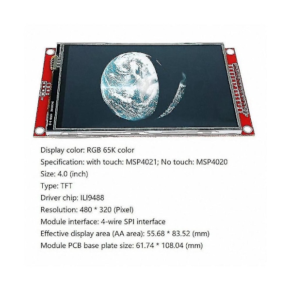 4,0 Tums Ili9488 Spi Seriell Port Lcd Pekskärmmodul Rgb 65k Färg 480x320 Tft Displaymodul (