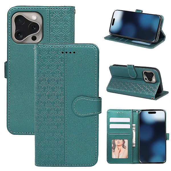 For iPhone 16 Pro Etui Kubisk Gitter Flip Wallet Læder Telefon Cover -