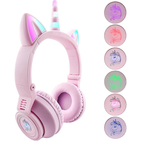 Unicorn Hodetelefoner Trådløse, Småbarns Bluetooth Hodetelefoner for Jenter Gutter Bærbar PC-nettbrett, LED Lys Opp Barn Hodetelefon for Bursdag Gave til Barn