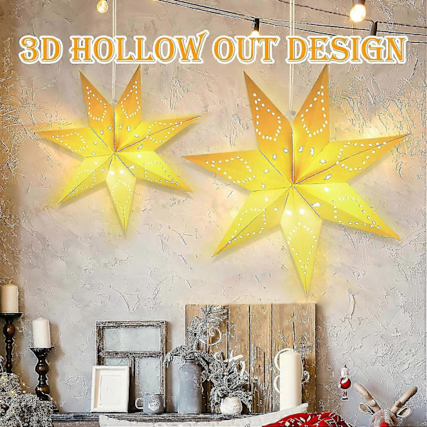 LED-pappersstjärna med belysning för upphängning, 2-pack 3D julstjärna med belysning, 45 cm