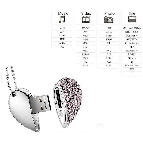 Cle USB, Premium Vattentät Cl USB2.0, 8GB / 16GB / 32GB Cles USB Hjärtformad Diamant Hög Hastighet Data Lagring Memory Stick Pendrive