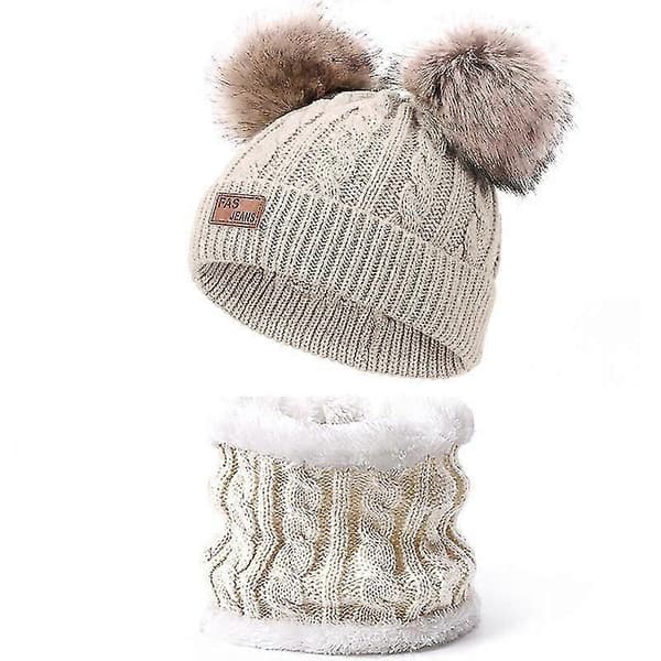 Vinterbabytröja med kabelstickning, fleecefoder, varm pompom och cirkelformad halsduk[D] Beige