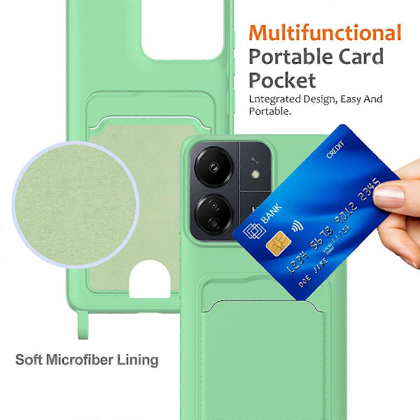 Flytande Silikonfodral för Xiaomi Redmi 13C 5G/ 4G/ Redmi 13R 5G/ Poco M6 5G/ Poco C65 4G med Kortfack och Snodd Green