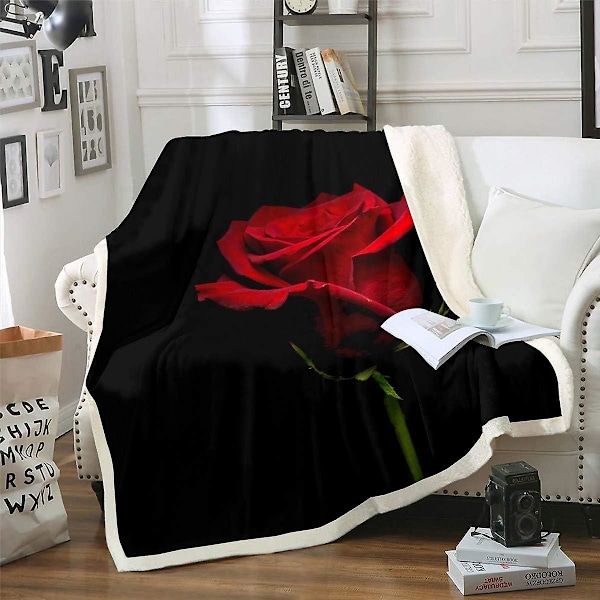 D Rose Sherpa Kastanjeteppe Rød Rose Blomster Fleece Teppe Romantiske Blomster Mønster Fuzzy Teppe for Sofa Setteplass Kvinner Mikrofiber Hage Tema Pluss B