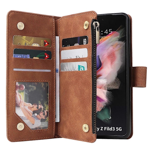 Fodral för Samsung Galaxy Z FOLD 3 5G Läder Magnetisk Handväska Dragkedja Fickficka Armband Kompatibel med Samsung Galaxy Z FOLD 3 5G Fodral