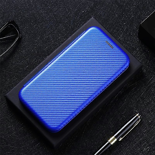Kompatibel med iPhone 12 Karbonfiber Mønster Premium Flip-deksel med Kortholder Magnetisk Lukking[D] Blue
