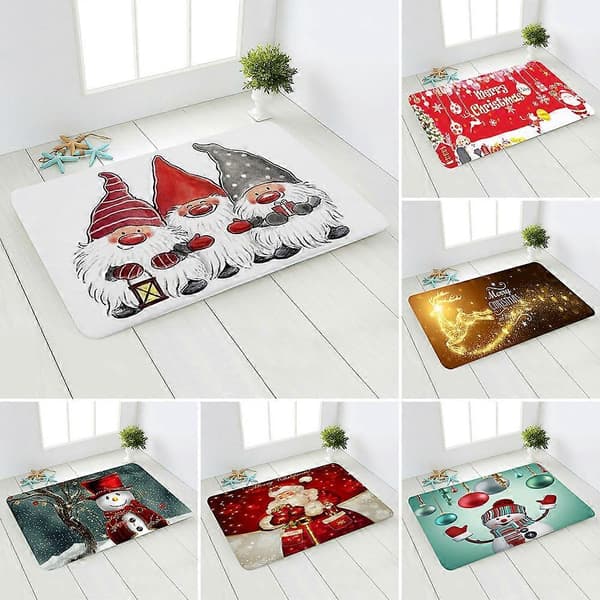 Gladlynt Tomte & Älg Julmatta, 90cm, Halkfri, Röd/Svart Rutig, för Sovrum, Vardagsrum, Kök[D]
