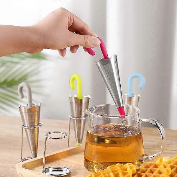 Paraply Te-infuser med dryppebrett - Rustfritt stålnettsil med silikonlokk [D] Blue