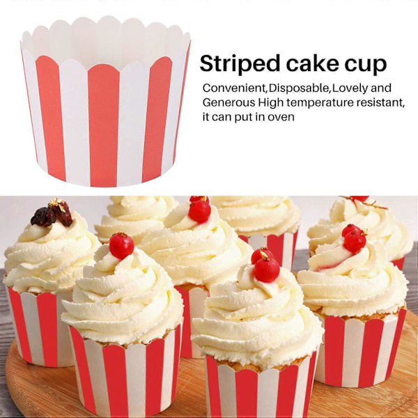 50X Cupcake-käärepaperi, kakkukapselit, leivontakupit, vuorat, muffinssi, keittiöleivonta, punaiset raidat [D] Red