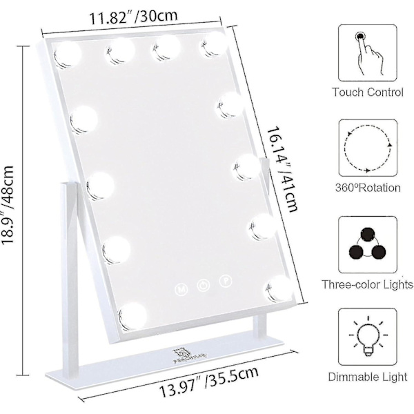 Hollywood-peili 12 LED-lampulla, 3 väritilaa (vain lamput)