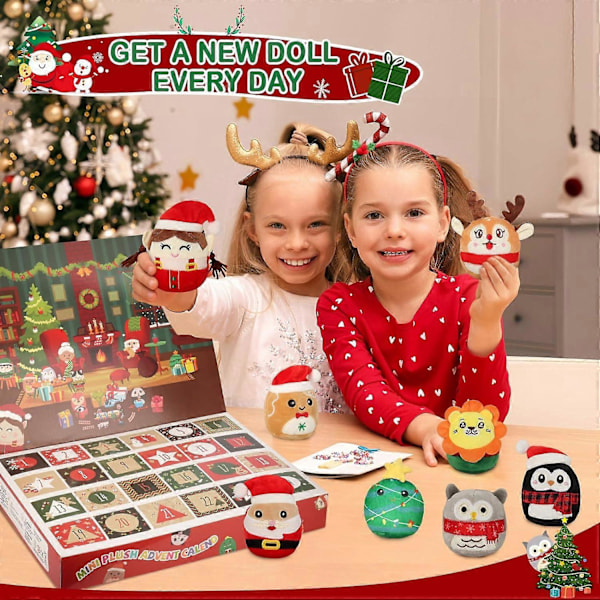 Adventskalender 2024 med Søte Plysjdyr - 24 Dagers Overraskelse Plysjdyr Juleteller Kalender Inneholder 24 Samleobjekter Squishy Plysjdyr, Myk Mi