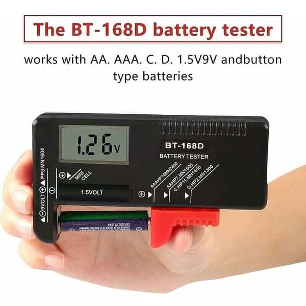 Digital batteritester, universal batteritester, batteritester, til AA, AAA, C, D, PP3, 9V, 1.5V, knapcellebatterier. Fungerer uden batteri 0.05