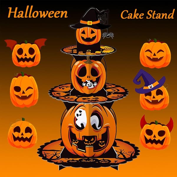 Multifunksjonell Halloween Gresskar Dessertstativ - Solid Papp Kake- og Makronutstillingsstativ for Skumle Fester, Heksetema-dekor (D)