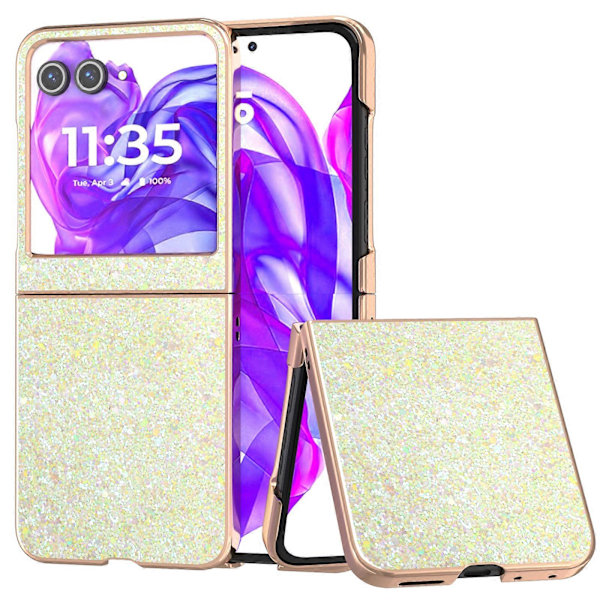 Etui til Motorola Razr 50 5G med galvanisering, farget glitterdesign, PU+TPU beskyttende etui Amber Yellow