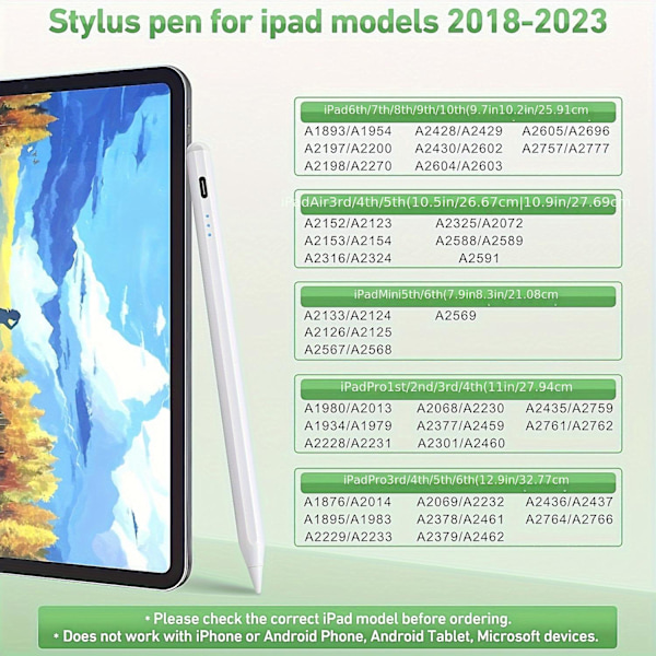 Kynä iPadille 2018-2023, Magneettinen iPad-kynä, Apple Pencil, Kallistustunnistin & Kämmenen hylkääminen, Yhteensopiva iPad 6-10, iPad Mini 5/6, iPad Air 3-5