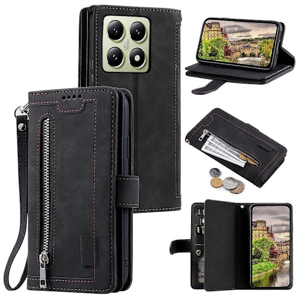 Mobilfodral för Xiaomi 14T med dragkedja, 9 kortplatser, PU-läder, flippfodral Multicolor Style B
