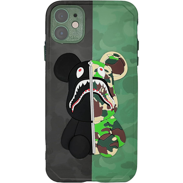 SSRGV iPhone 11 -kotelo Camo Shark Bear -suunnittelu miehille ja pojille, tyylikäs ArmyGreen 3D -piirroskuvio Street Fashion iskunkestävä naarmuuntumaton silikoninen koko kehon