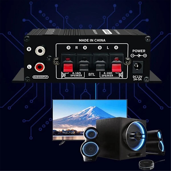 -270 HIFI-förstärkare 2.0-kanals Hemförstärkare Bas- & Diskantjustering Stereo Audio Hemmabio Ljudsystem DC12V EU-kontakt