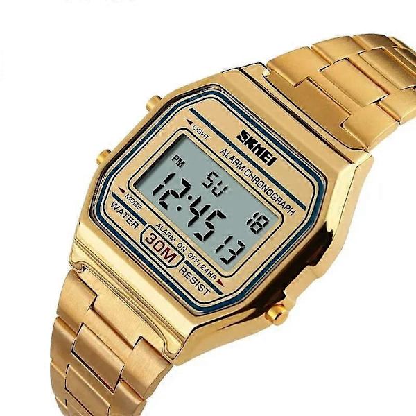 Skmei Muoti Miesten Ruostumattomasta Teräksestä Valmistettu LED-näyttö Kellot 3Bar Vedenpitävä Digitaalinen Kello Reloj Hombre Vapaa-ajan Urheiluun 1123[D] gold