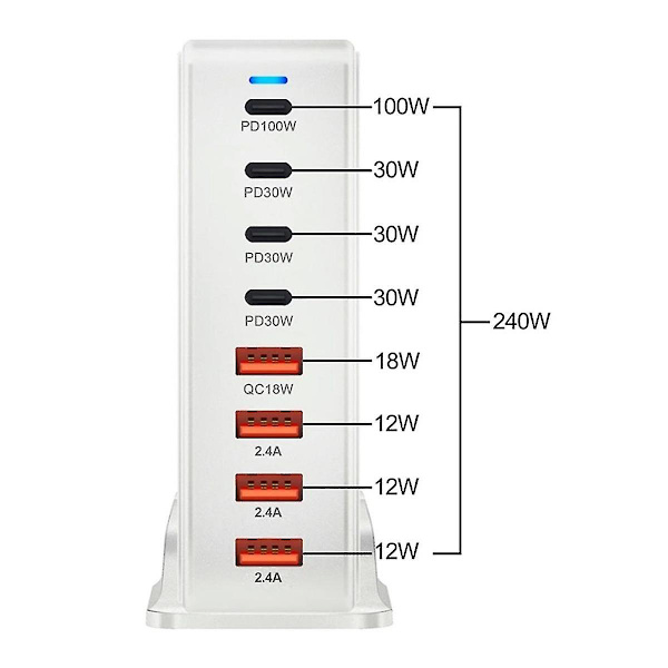 240w Usb-c 8-port Pd Pd3.0 Qc3.0 Snabbladdning för Pro/air 15 14 13 Pro Max Svart (eu)-Yvan Black