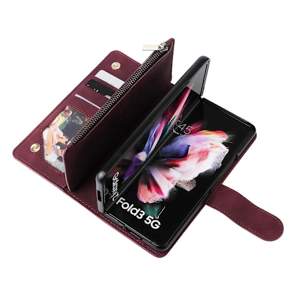Fodral för Samsung Galaxy Z FOLD 3 5G Läder Magnetisk Handväska Dragkedja Fickficka Armband Kompatibel med Samsung Galaxy Z FOLD 3 5G Fodral