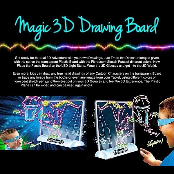 3D Magic Tegnebrett LED Lys Lysende Pute Kunst Doodle Maling Utdanningsleker for Barn Gutter Jenter Gaver Dinosaur Edition